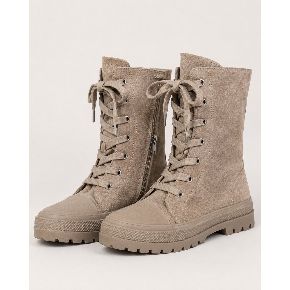 Fashion Nova Women Taupe Faux Suede Side Zip Lug Sole Combat Boots Size 8